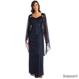 New SZ 8 black shimmer rhinestone Empire-Waist w/Cape Gown R & M RICHARD’S